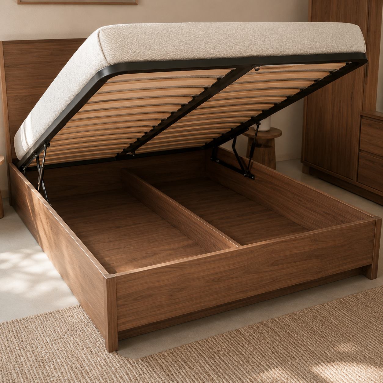 Hydraulic base of the storage bed lifted open